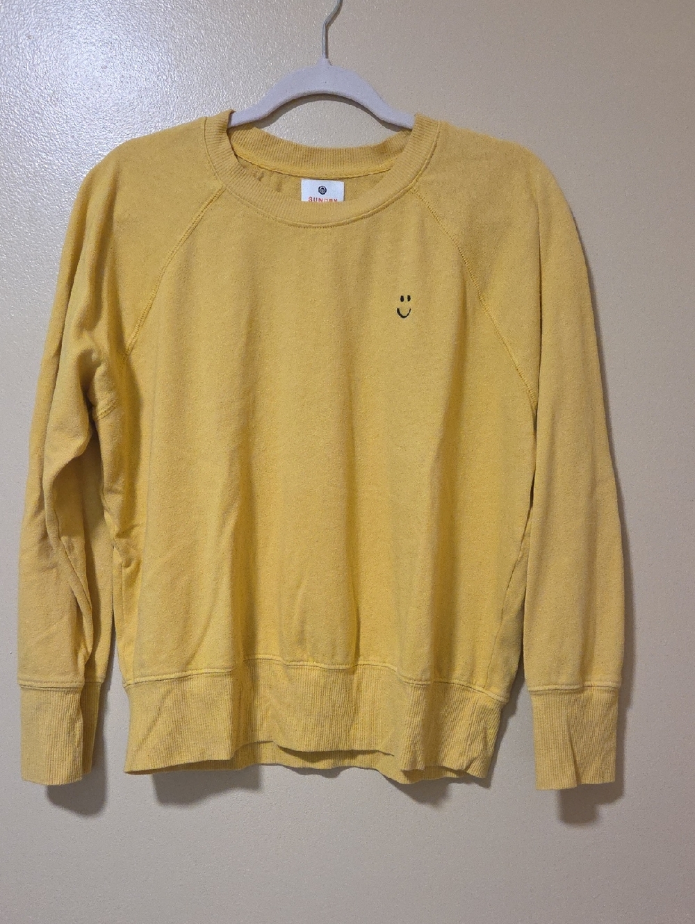 Sundry Yellow Crewneck Sweatshirt with Smiley Detail